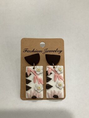 Fashion Jewelry White, Pink &‎ Brown Floral Polymer Clay Earrings
